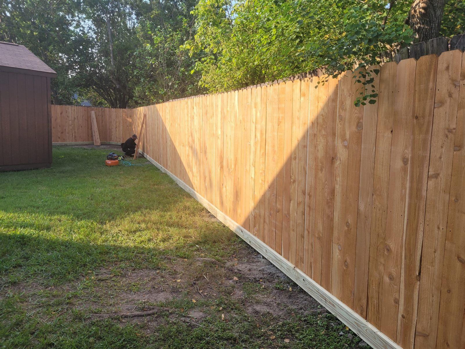 Newly installed cedar privacy fence along a backyard